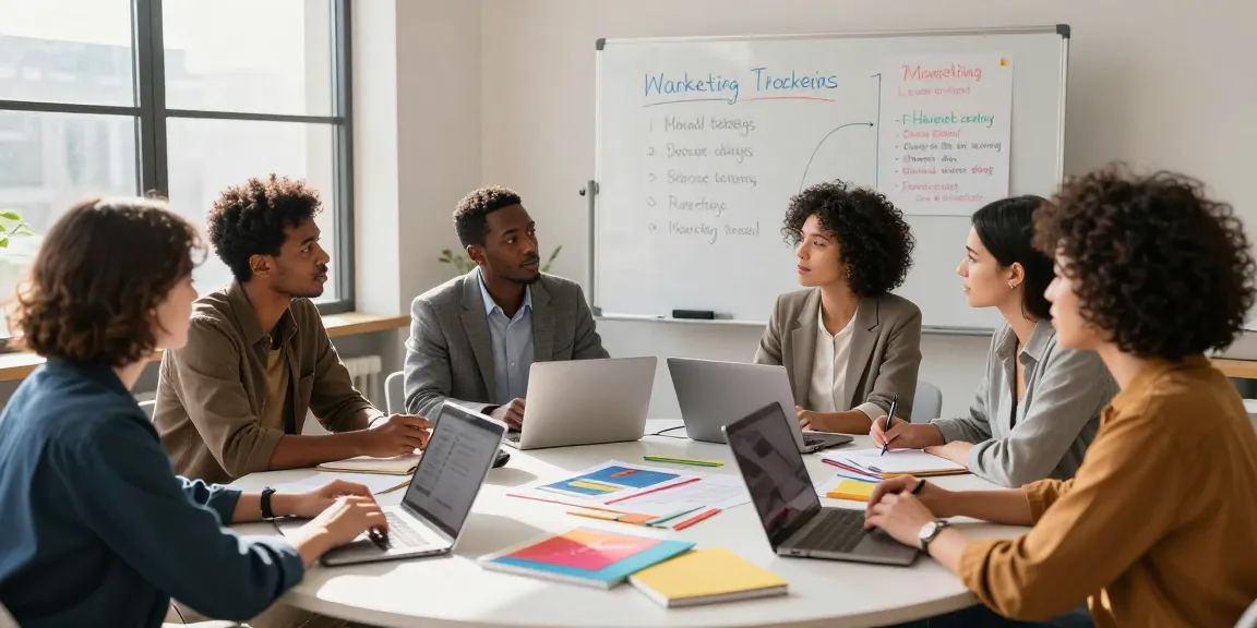 Collaborative business workshop illustrating a marketing course for small businesses, with diverse owners brainstorming around a table.