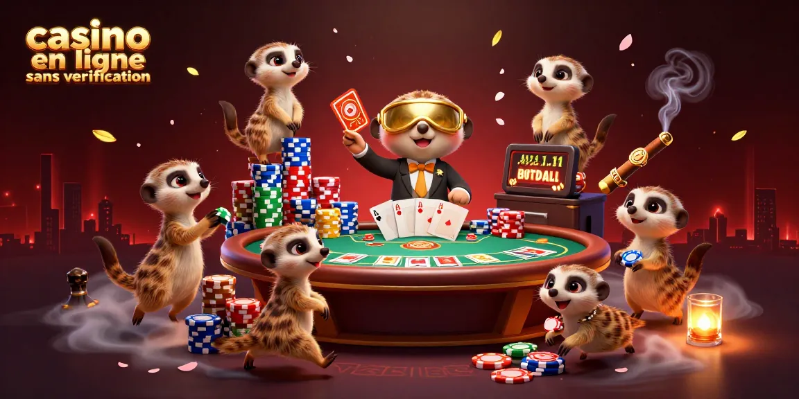 Des suricates dans un casino en ligne sans vérification jouent aux cartes et manipulent des jetons colorés.