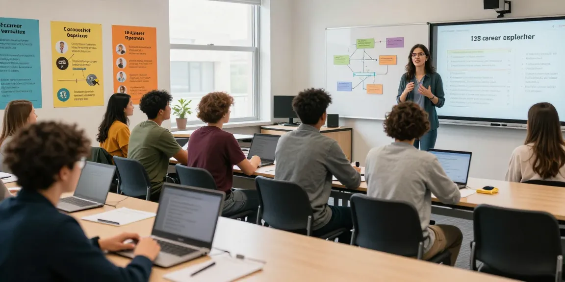 Young adults actively engaged in learning about post-18 career options in a vibrant classroom.