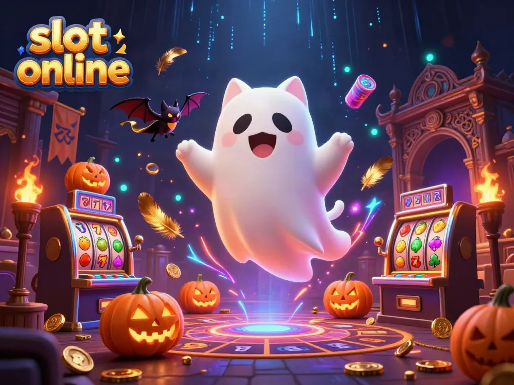 Menangkan slot online dengan strategi terbaik dalam ilustrasi kasino bertema hantu yang penuh warna.
