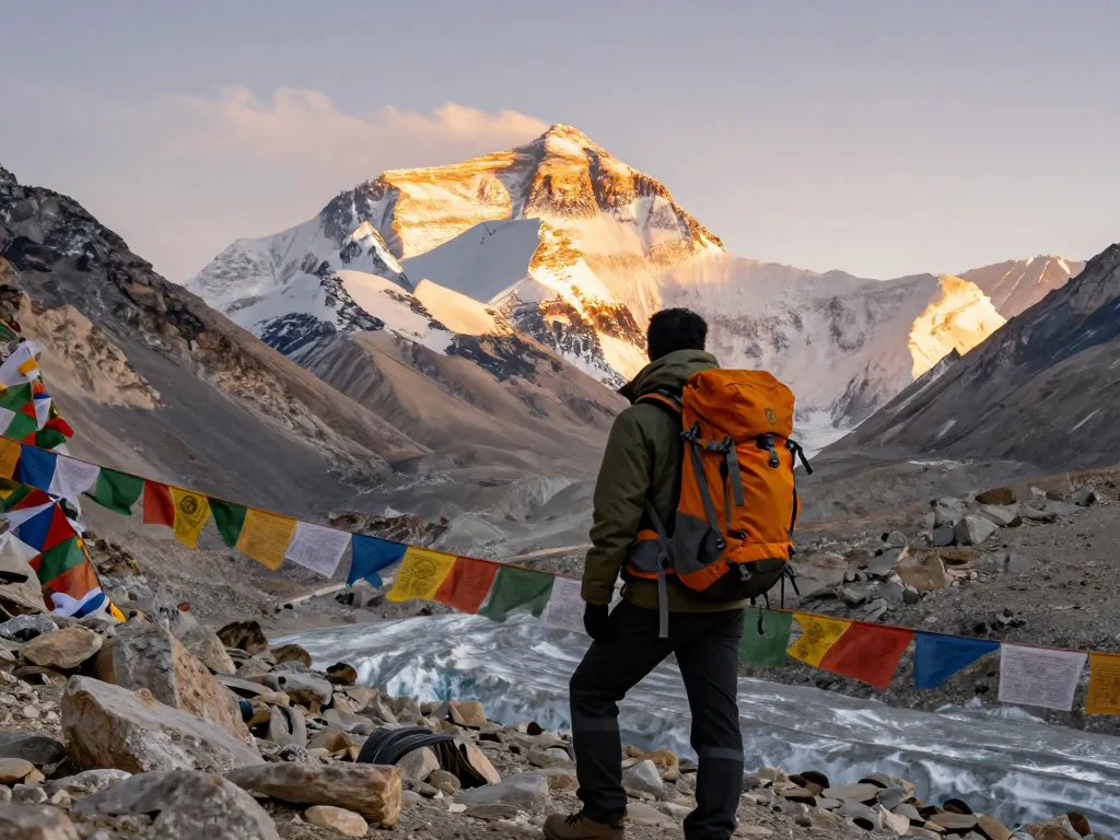 Everest Base Camp Trek traveler admiring the majestic mountains and sunset.