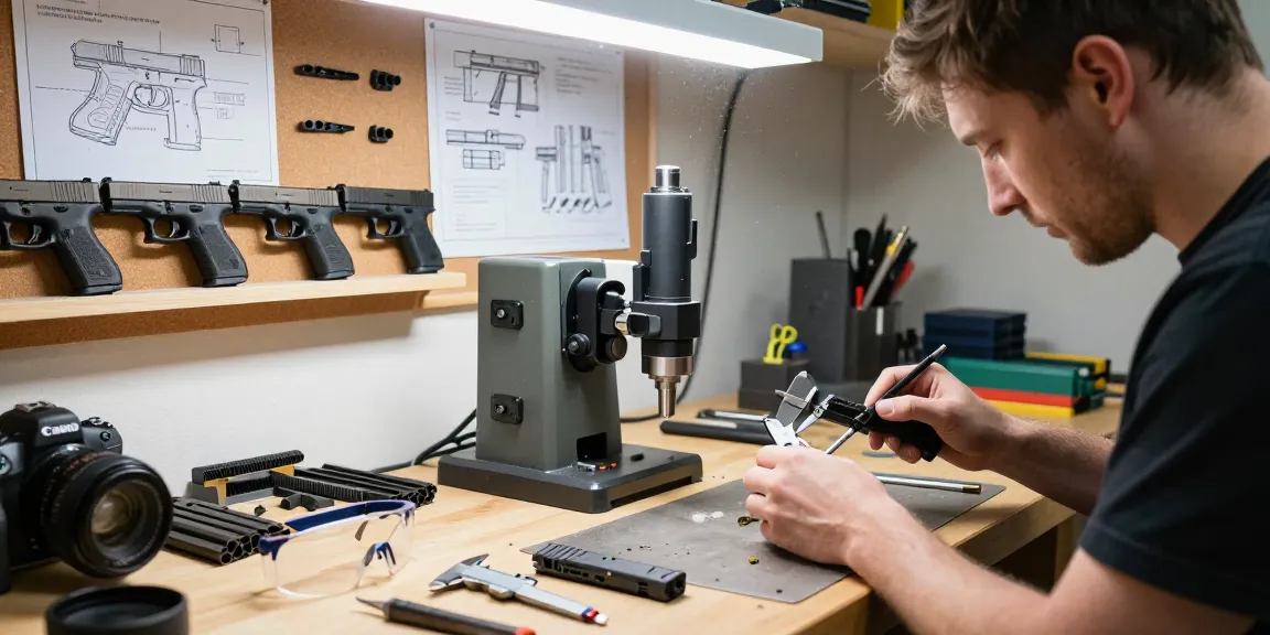Custom Glock slides showcased at https://precisionglockslides.com, featuring professional gunsmith at work in a precision workshop.