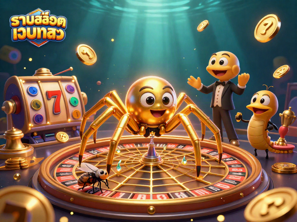 Spin the wheel of fortune with รวมสล็อตเว็บตรง featuring golden spider, fly gambler, and centipede croupier amidst vibrant casino elements.