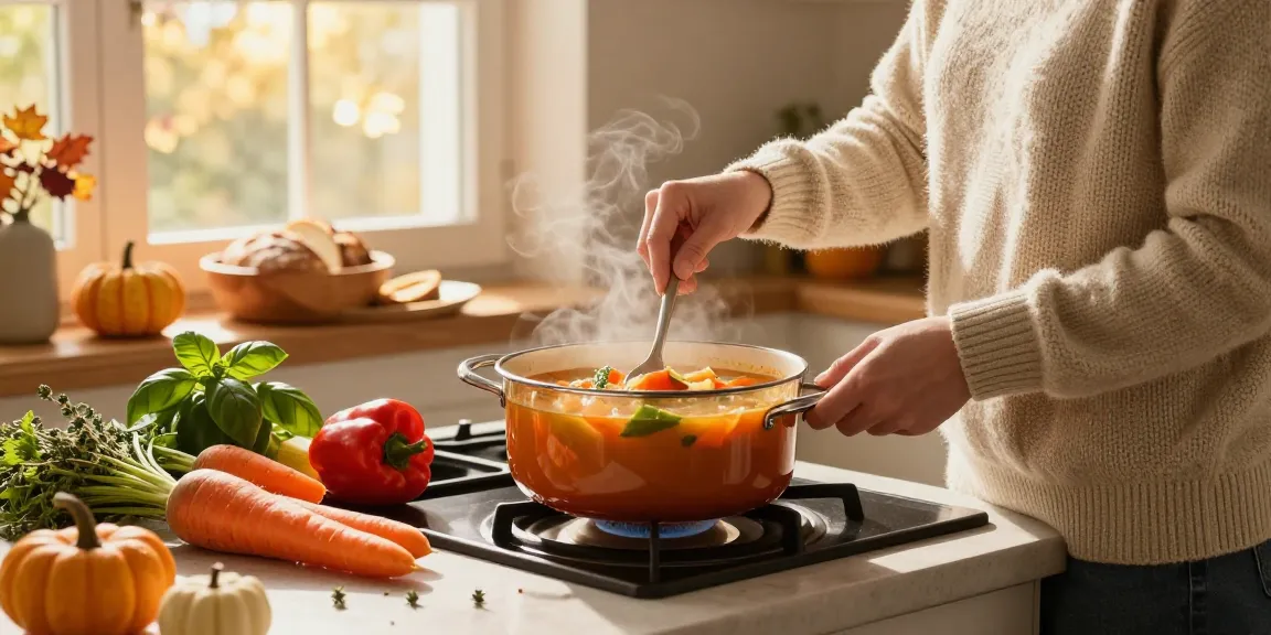 Leckere vegetarische Suppe, die in einer gemütlichen Küche zubereitet wird, mit frischen Gemüse und einer warmen Atmosphäre.