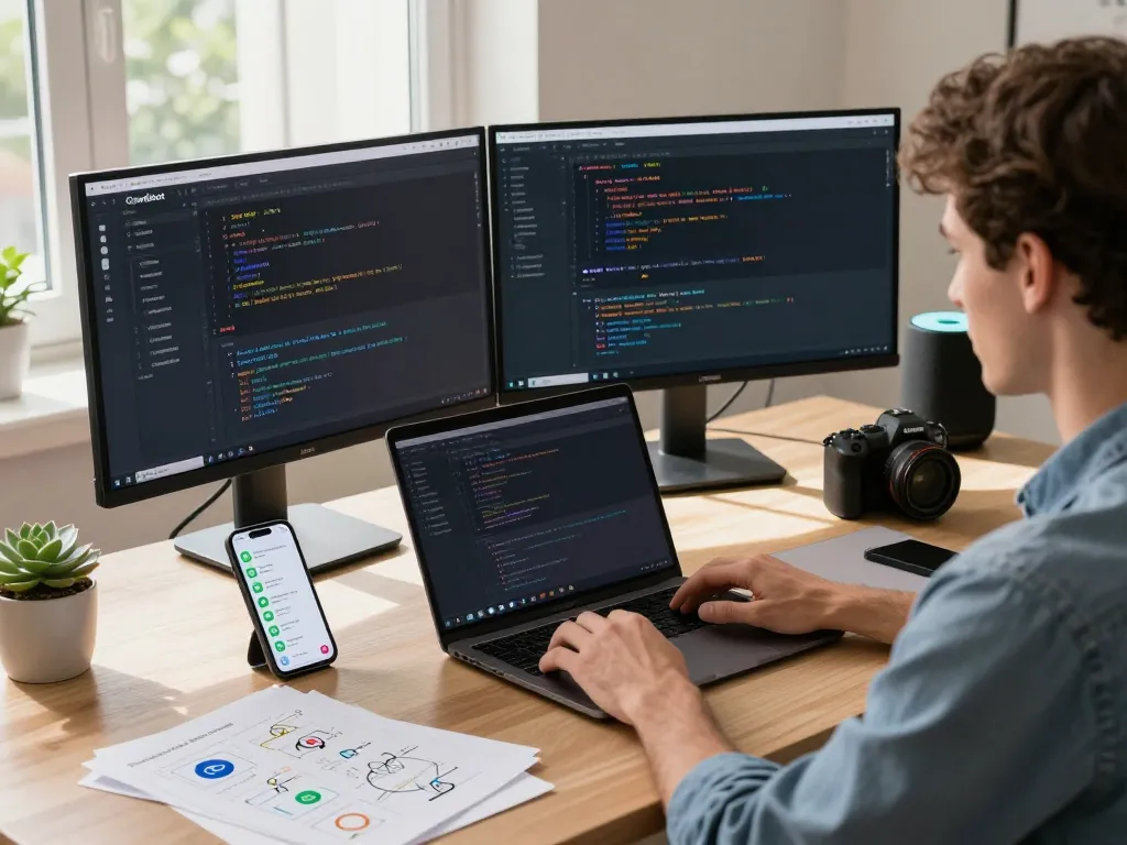 Clawdbot AI assistant in a vibrant home office, showcasing automation scripts and messaging notifications on dual monitors while a developer collaborates with smart devices.