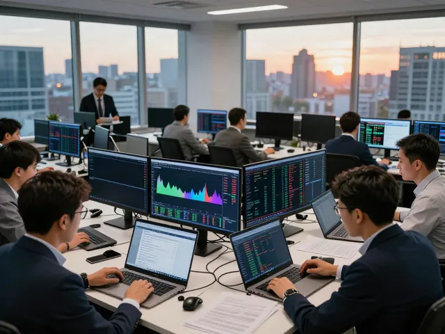 Traders analyzing markets on TradingView platform in a modern office.