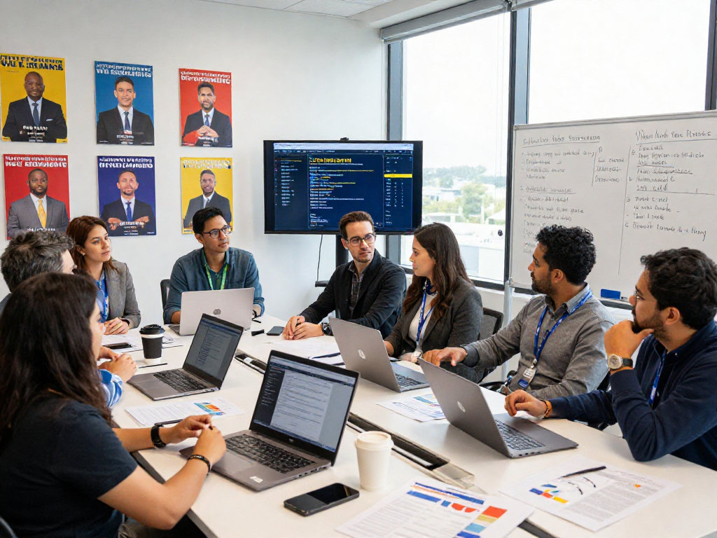 Team collaborating in a strategic office setting using a political texting platform to enhance campaign effectiveness.