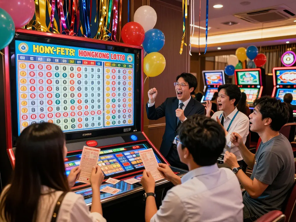 Excited players participating in a Hongkong Lotto drawing in a colorful casino atmosphere.