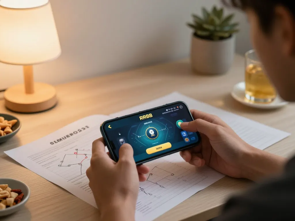 Person enjoying RR88 mobile app gameplay in a cozy home setting with strategy notes.