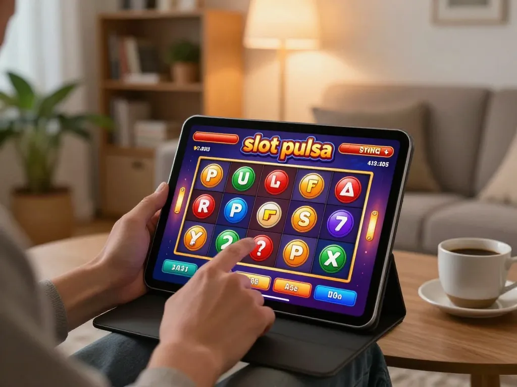 Player engaging with slot pulsa game on tablet in cozy living room setting, showcasing online gambling excitement.