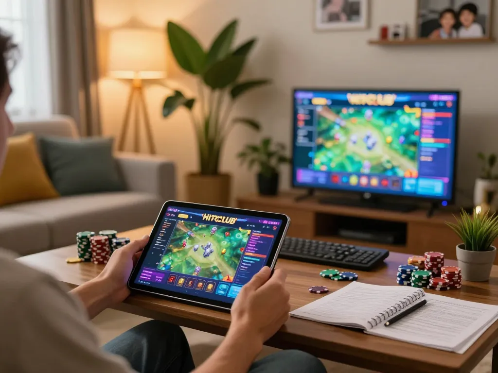 Engaging scene of a player using the app to tải hitclub for online gaming with a strategic focus