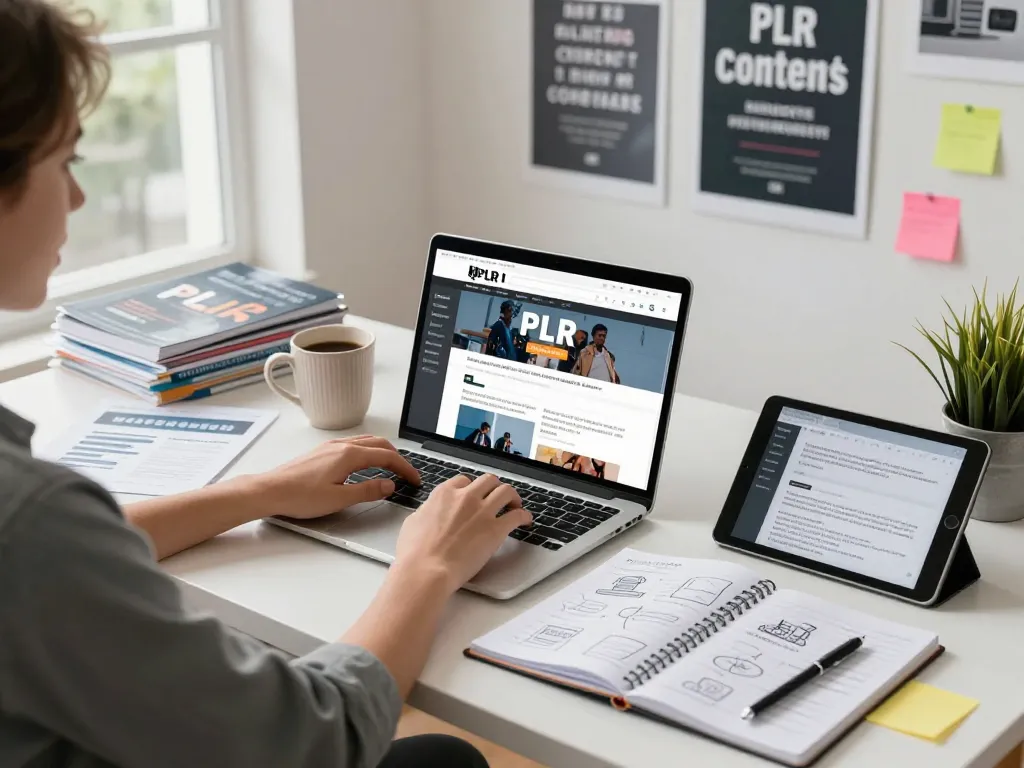 Content creator engaged in purchasing PLR content at a modern workspace.
