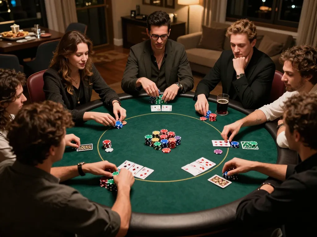 tv88 engaging in a friendly poker night with colorful chips and focused players around a cozy table