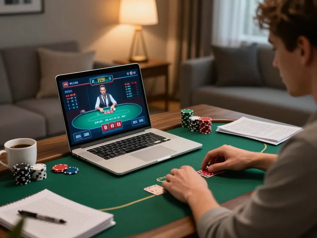 Player enjoying rikvip online poker in a cozy setting, showcasing strategic gameplay.