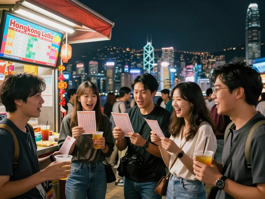 Group of friends celebrating Hongkong Lotto results at a vibrant kiosk in urban setting.