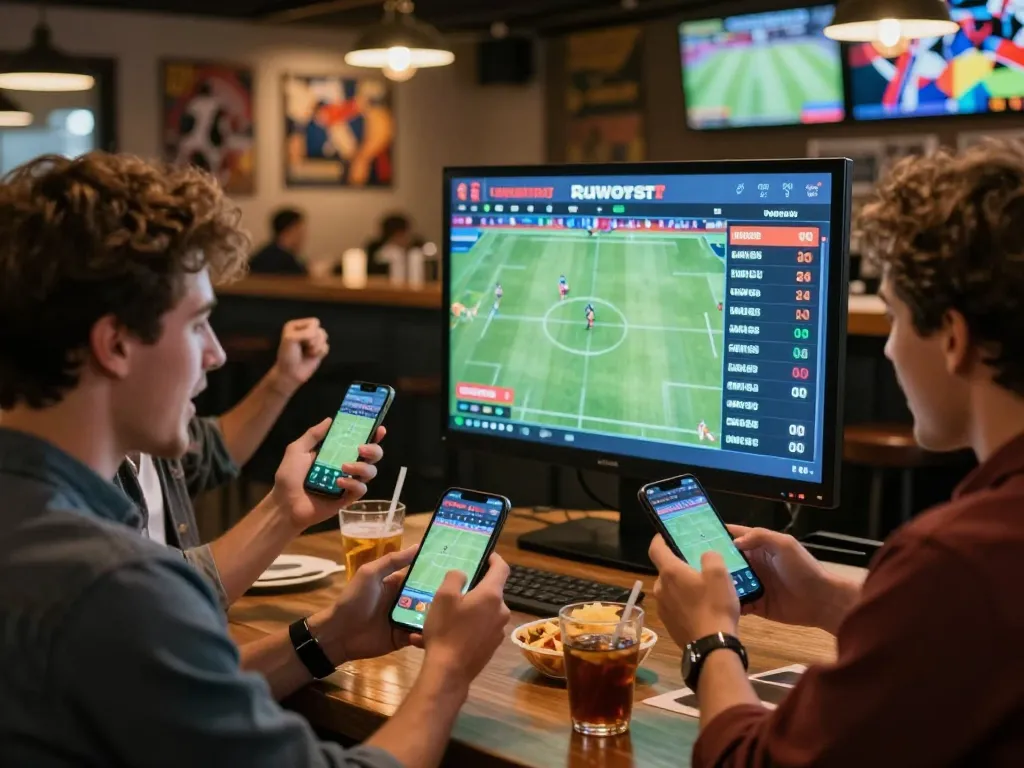 Friends engaging in sports betting while monitoring keobongda odds on their smartphones, capturing excitement of the moment.