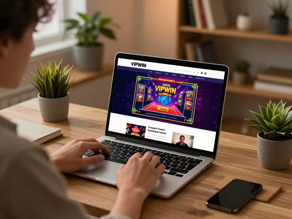 Person enjoying VIPWIN online gambling on a laptop in a cozy home setting