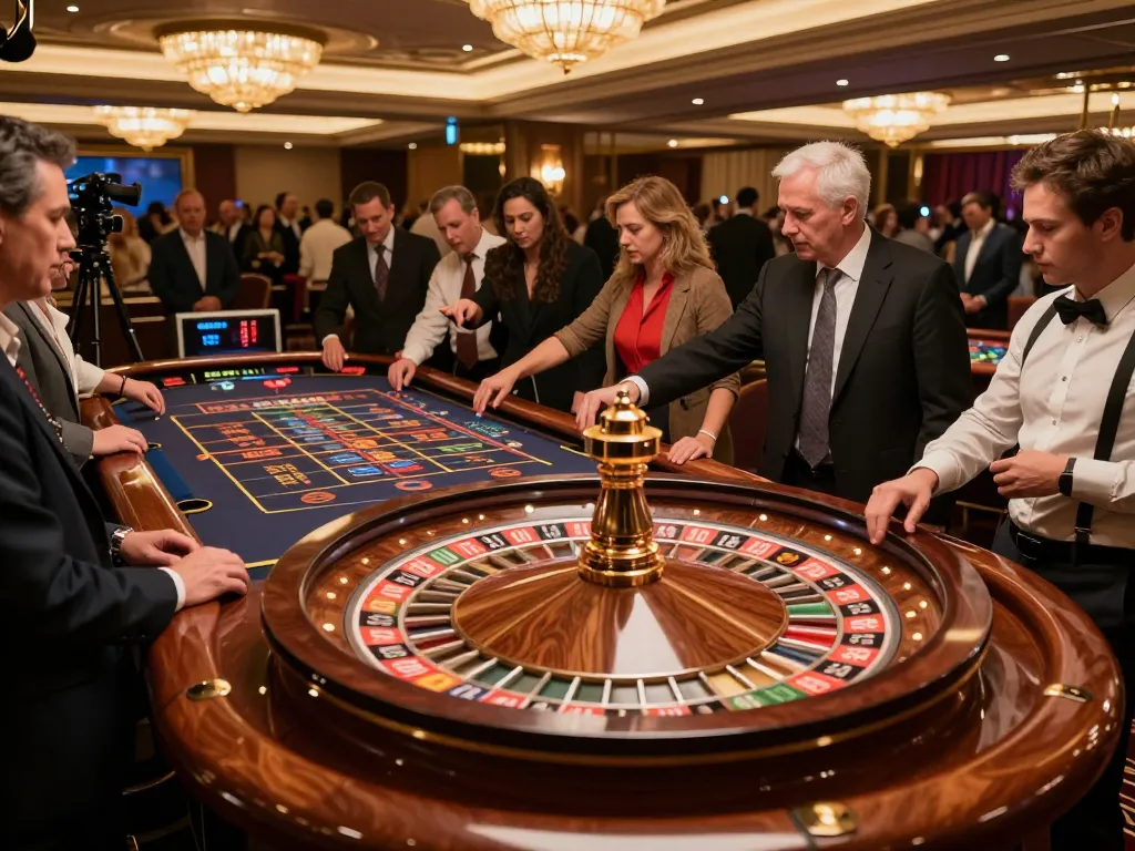 Players strategizing and placing bets at the luxury RR88 roulette table in an upscale casino.