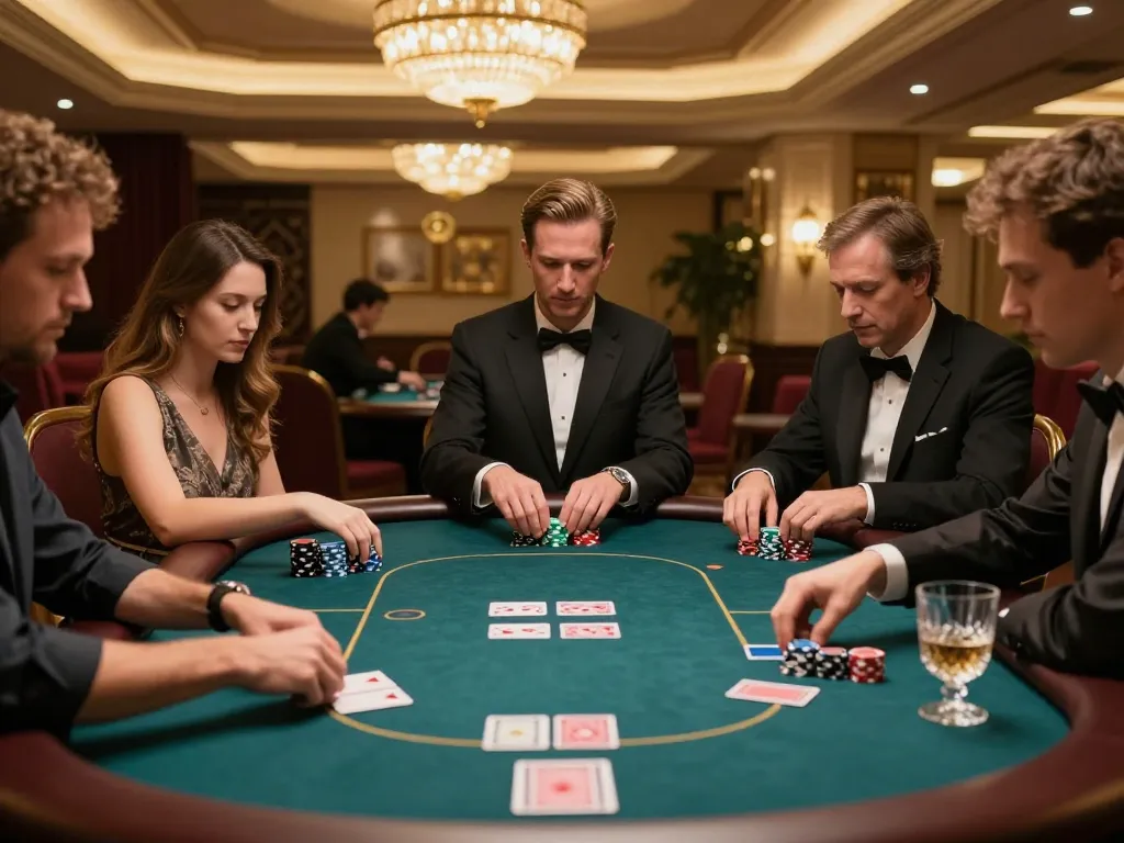 Players engaged in a high-stakes poker game at 78wingo's luxury casino, capturing excitement and sophistication.