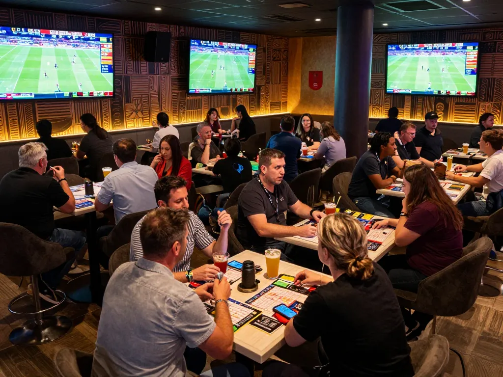 Fans analyzing bets at a lively sports lounge, showcasing keonhacaii88's odds and strategies