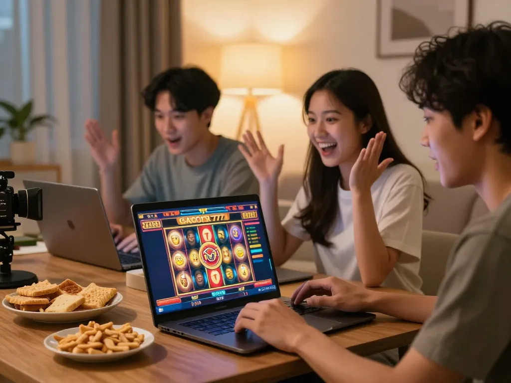 Players enjoying slot gacor 777 on their laptops at home, highlighting excitement in gaming.