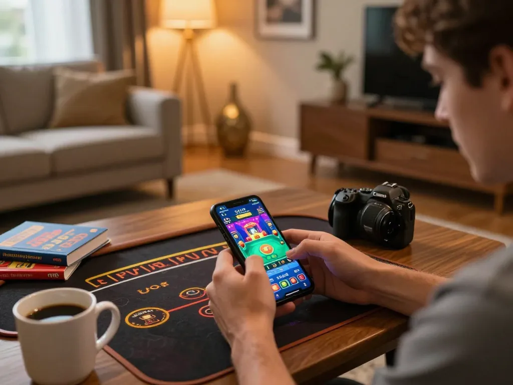 Player enjoying mobile gambling on smartphone with alo8, cozy home atmosphere emphasizing responsible gaming.