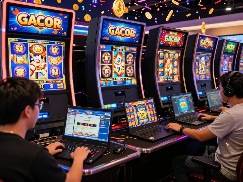 Players enjoying various slot gacor games online, celebrating wins in a lively digital casino atmosphere.