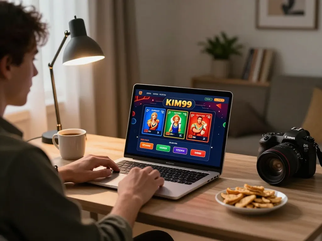 KIM99 online gambling setup with a player actively engaging in poker strategy at home.