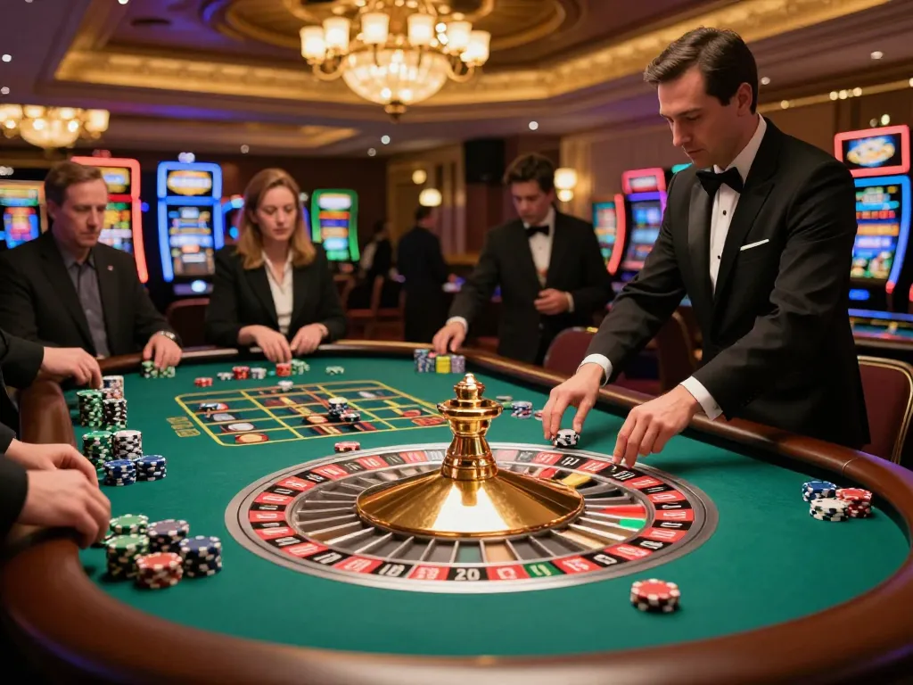 Players engaging in a thrilling roulette game at a plush casino, showcasing MM88 betting options and vibrant chips