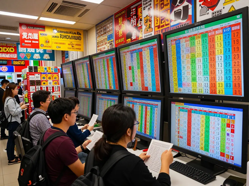Engaged players checking their Hongkong Lotto tickets in a lively lottery center.