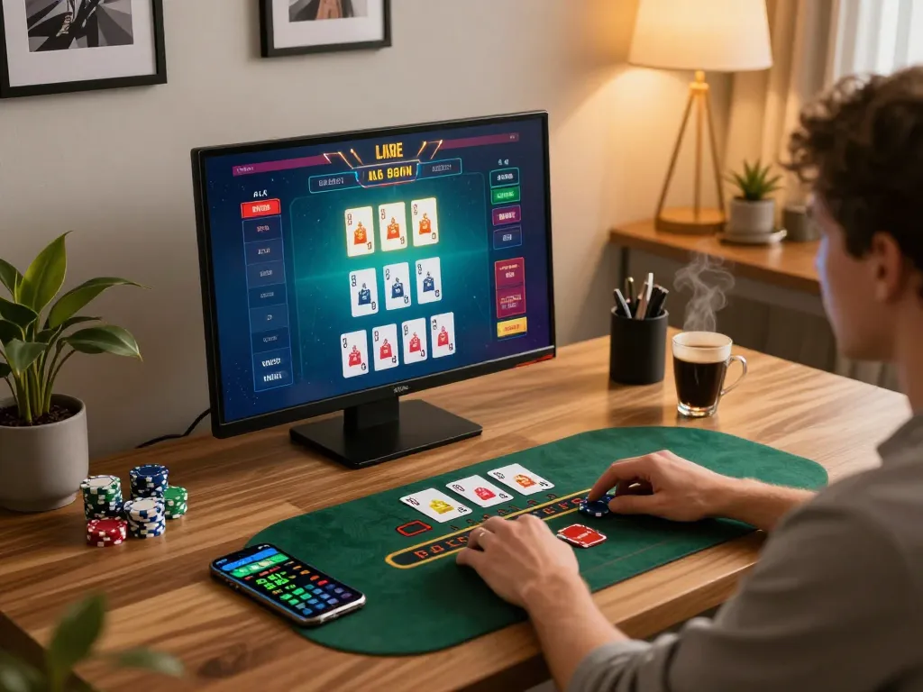 Engaging online blackjack gameplay at vipwin, showcasing vibrant interface and a relaxed home atmosphere.