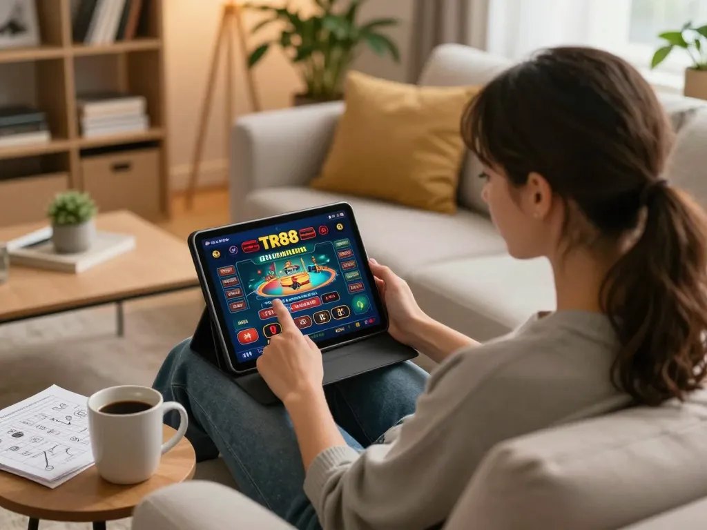 Engaging player enjoying TR88 online casino on tablet in cozy living room