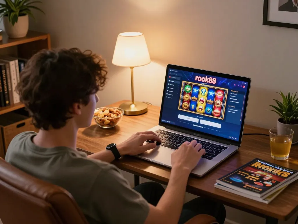 Engaging in rokok88 slot login at home with stylish gaming setup and cozy atmosphere.