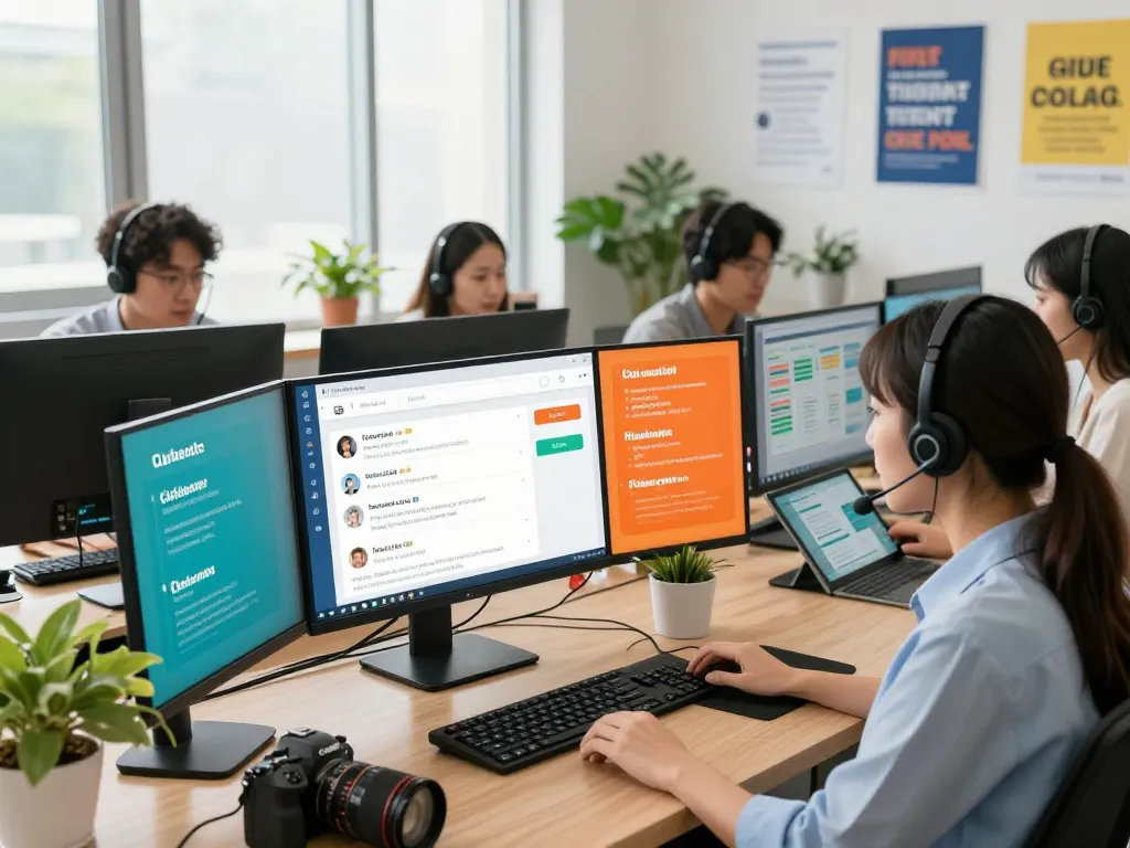 高效的专业人士在生机勃勃的电子商务客户服务中心使用易翻译进行实时语言翻译。