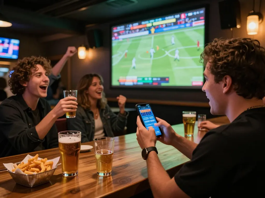Excited bettors engaging with 98win9 mobile app while watching a live sports event.
