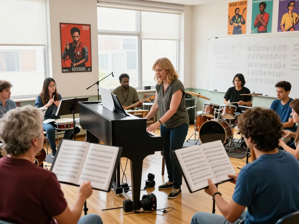 明るい教室で音楽を学ぶ大人たちの魅力的な音楽教室おすすめシーン。