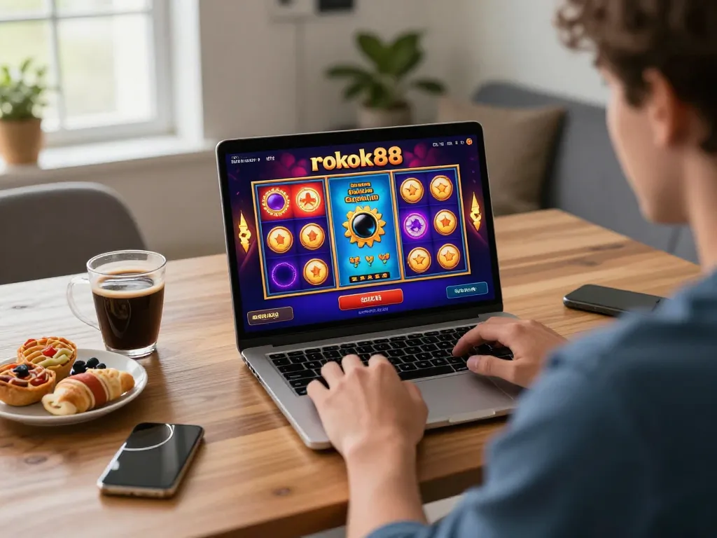 Engage in thrilling gameplay with rokok88 slot login on your laptop at home, illustrating a vibrant online casino atmosphere.