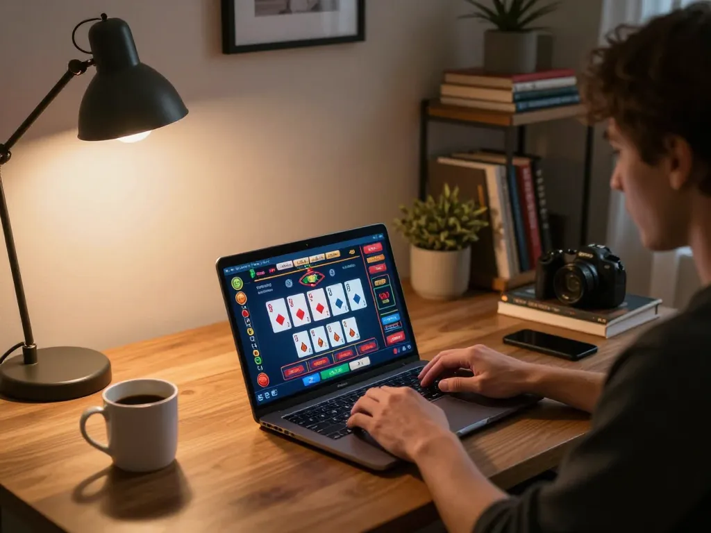 Siti non AAMS - Partecipare al gioco d'azzardo online su un laptop in un ambiente domestico accogliente, mostrando un gameplay strategico.