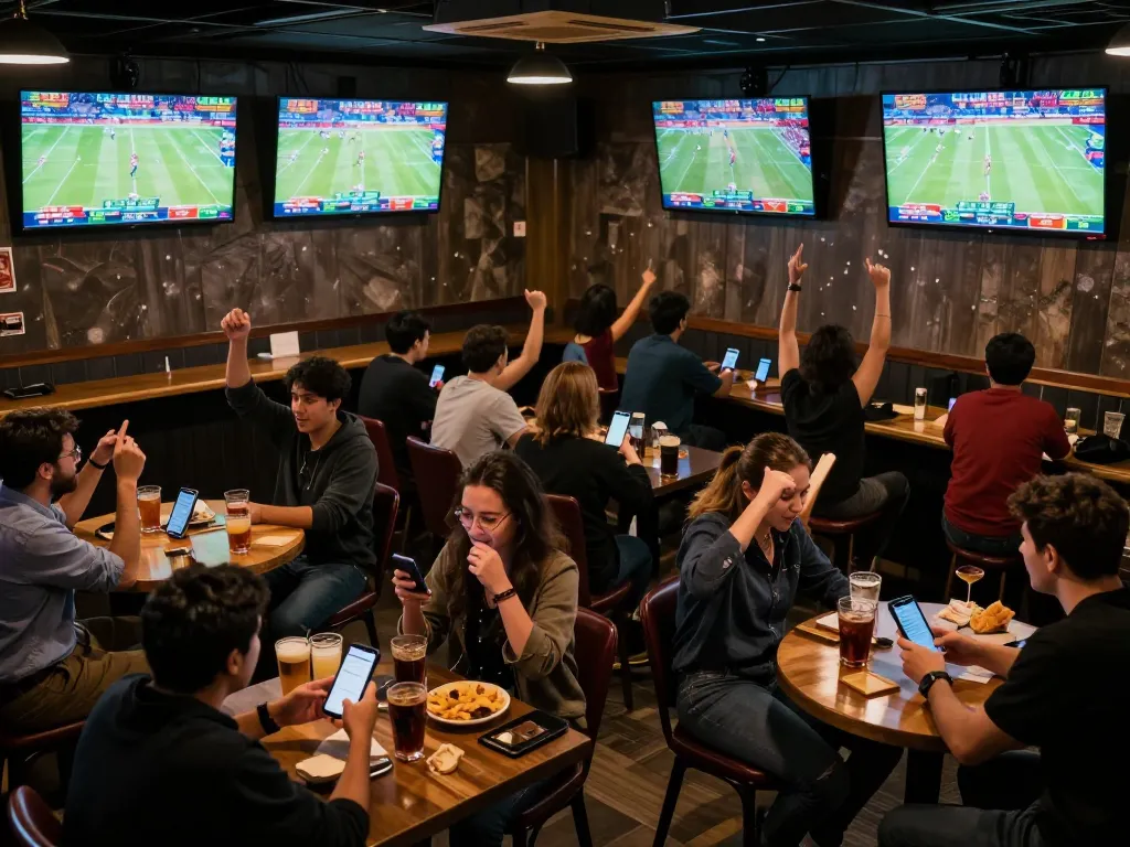 ax88 patrons cheering and betting live on thrilling sports events in a modern bar