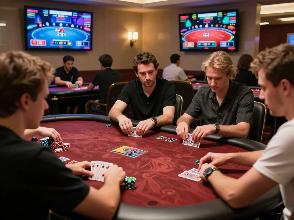 Players strategizing in a high-stakes 98win poker game, showcasing excitement and engagement in online gambling.