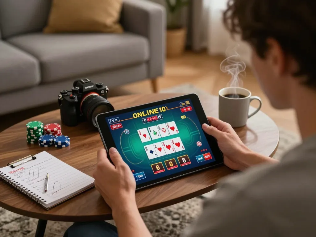 Engaged player analyzing strategies while gaming on onbet at home.