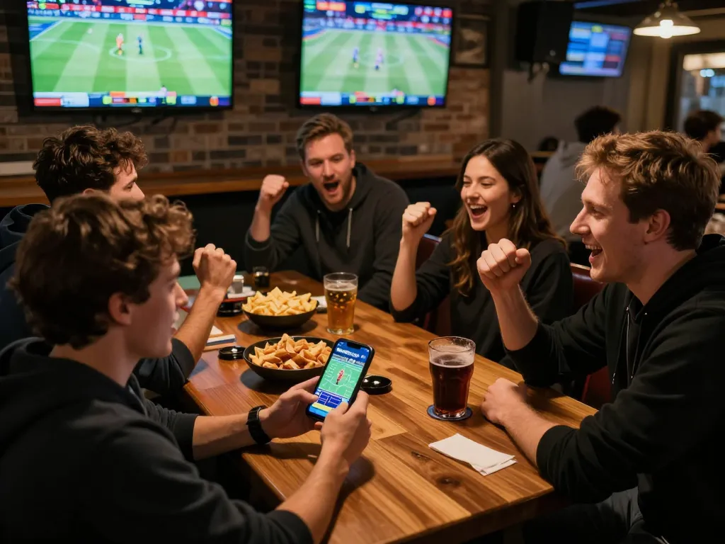 Friends placing bets using the 888top app while enjoying live sports in a vibrant bar.