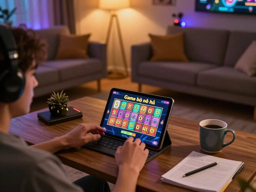 Playing Game bài nổ hũ on a tablet at home with vibrant jackpot reels spinning.