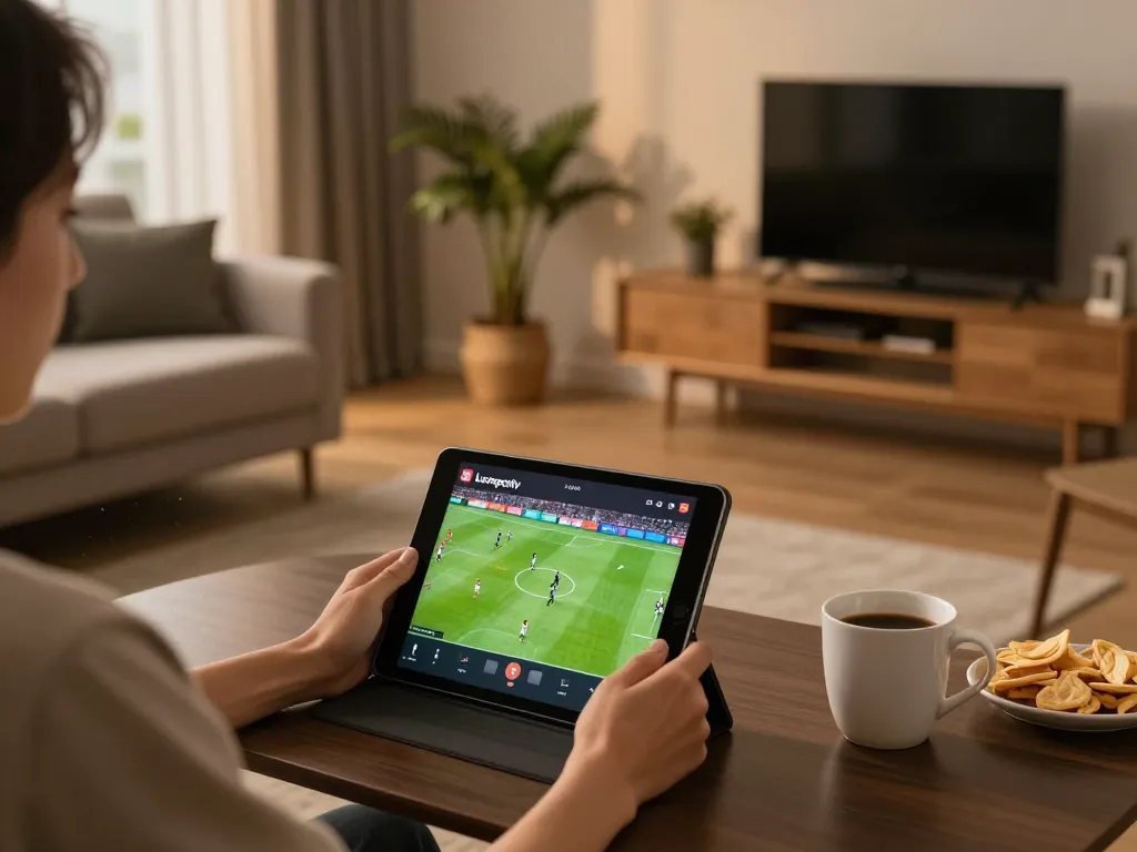 Enjoying a live football match on Luongsontv from a cozy home setup with snacks and drinks.