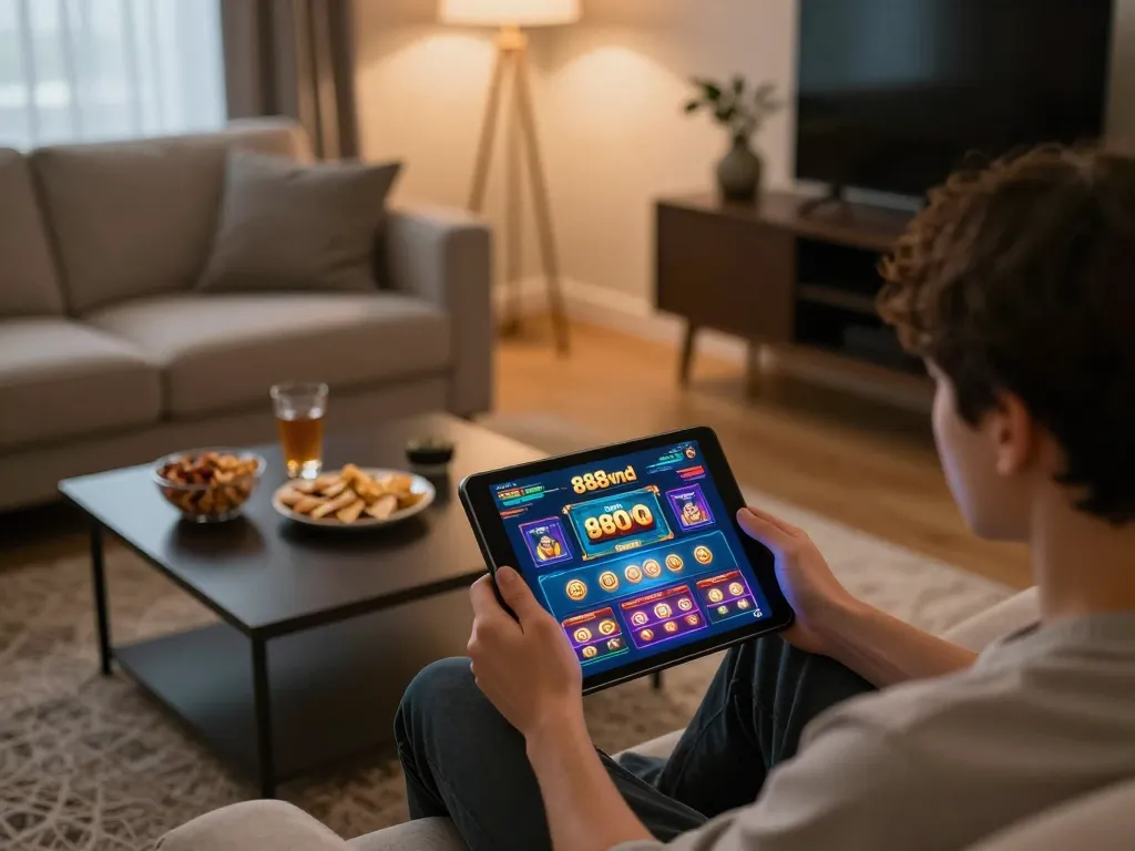 Engaged player using 888vnd mobile app in a cozy home environment.