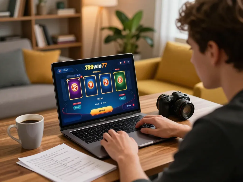 Player engaged in a 789win77 online poker game on a laptop, showcasing a strategic setup.