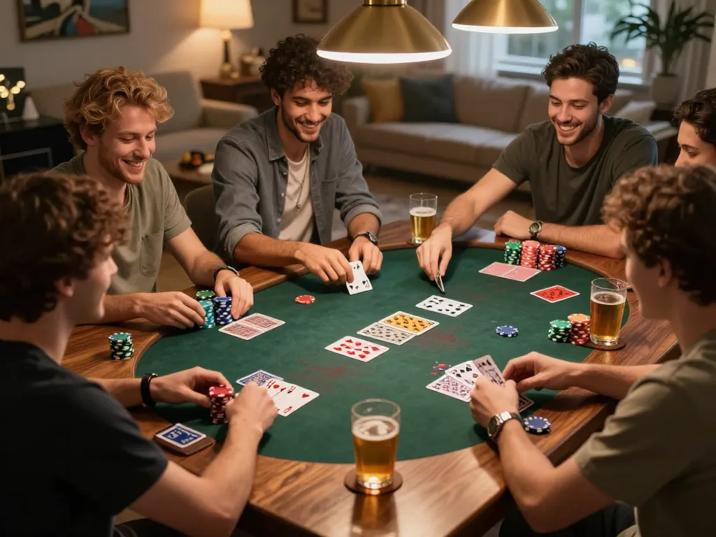 Group of friends enjoying a competitive poker night at home while discussing winning strategies on a situs gacor platform.