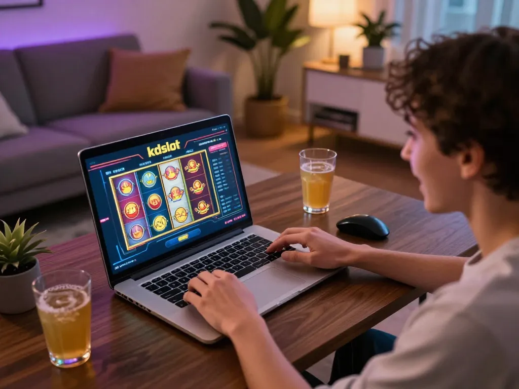 Engaged player using kdslot for online gaming at home, highlighting an exciting betting moment.