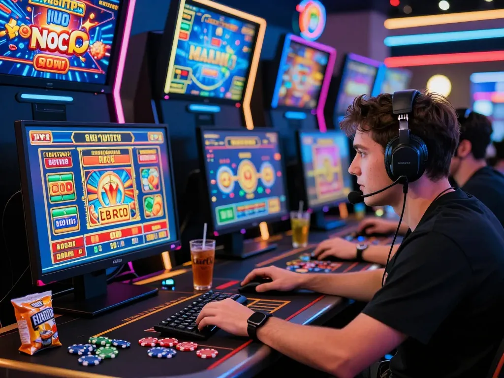 Gamer immersed in MM88 online casino games, vibrant screen displays and neon lights.
