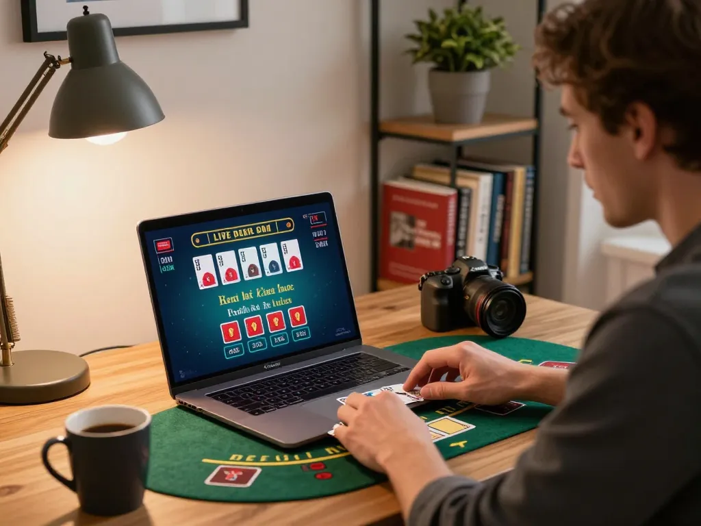 90phut player enjoying a live dealer blackjack game on a laptop in a cozy home office environment